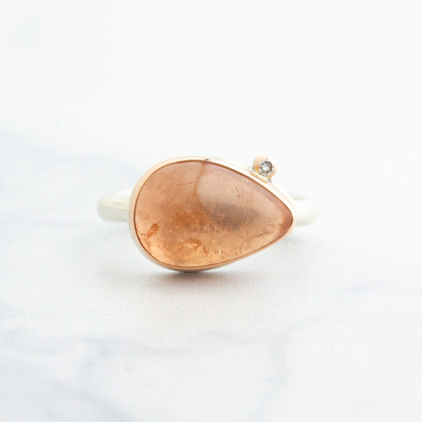 Sterling & 14K Rose Gold Teardrop Peach Tourmaline & Diamond Ring