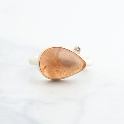 Sterling & 14K Rose Gold Teardrop Peach Tourmaline & Diamond Ring