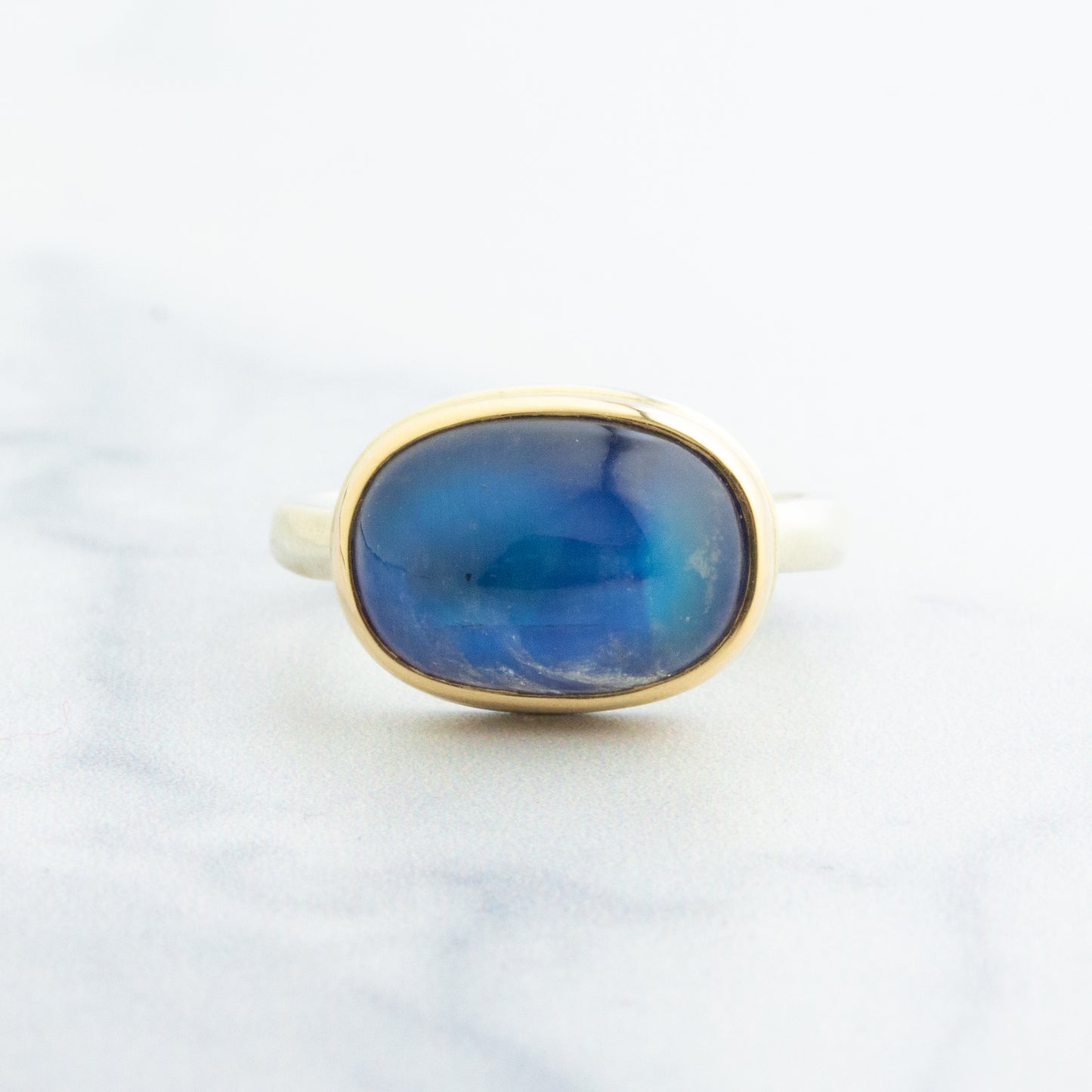 Sterling & 14K Gold Blue Rainbow Moonstone Ring