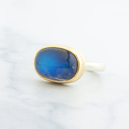 Sterling & 14K Gold Blue Rainbow Moonstone Ring