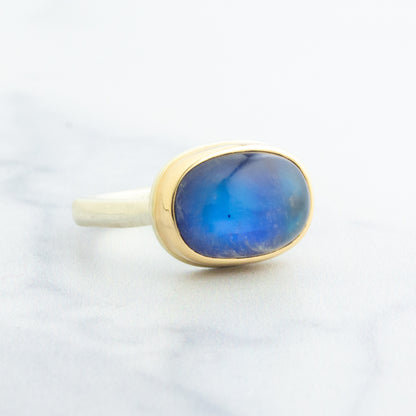 Sterling & 14K Gold Blue Rainbow Moonstone Ring