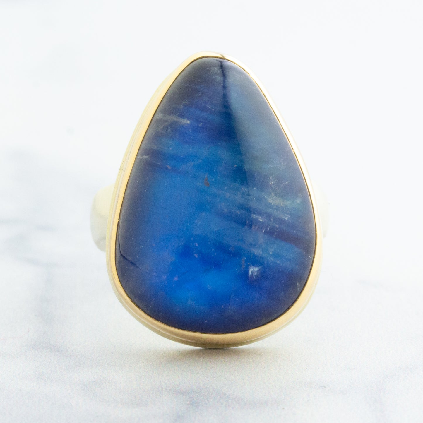 Sterling & 14K Gold Teardrop Blue Rainbow Moonstone Ring