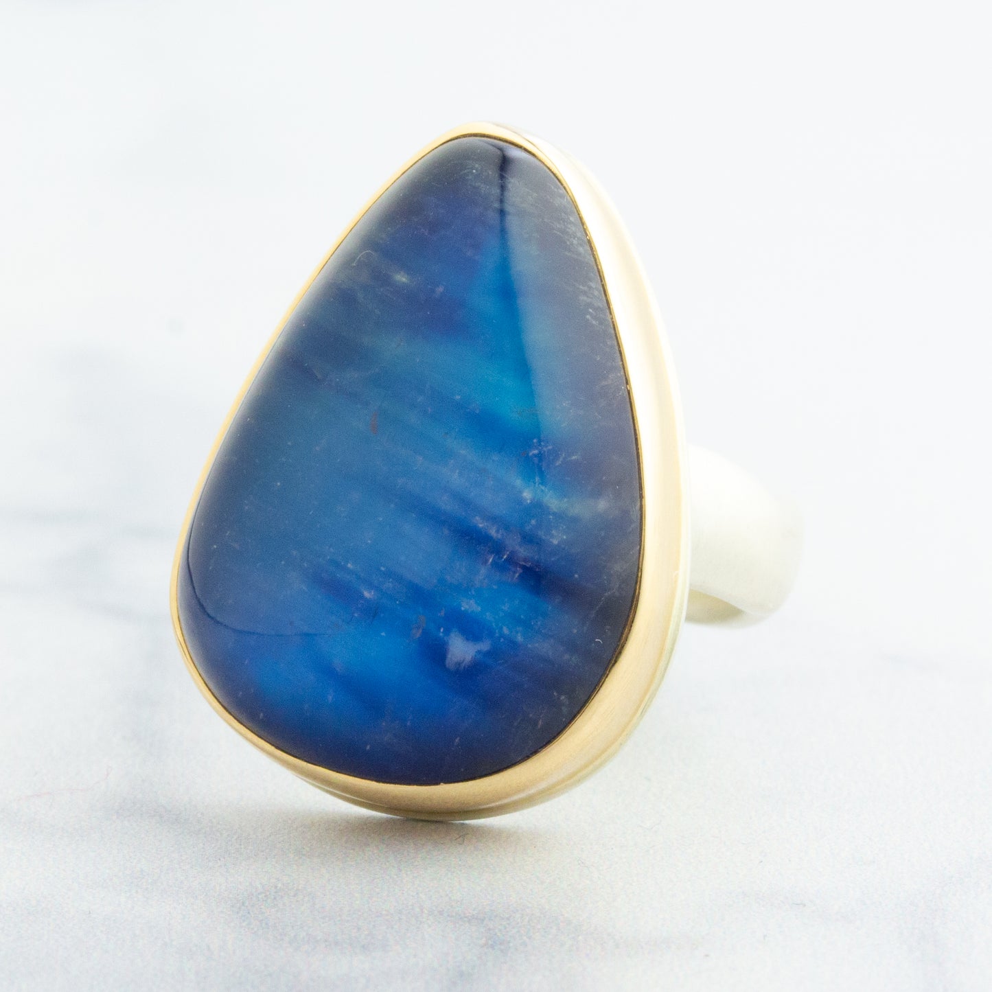 Sterling & 14K Gold Teardrop Blue Rainbow Moonstone Ring