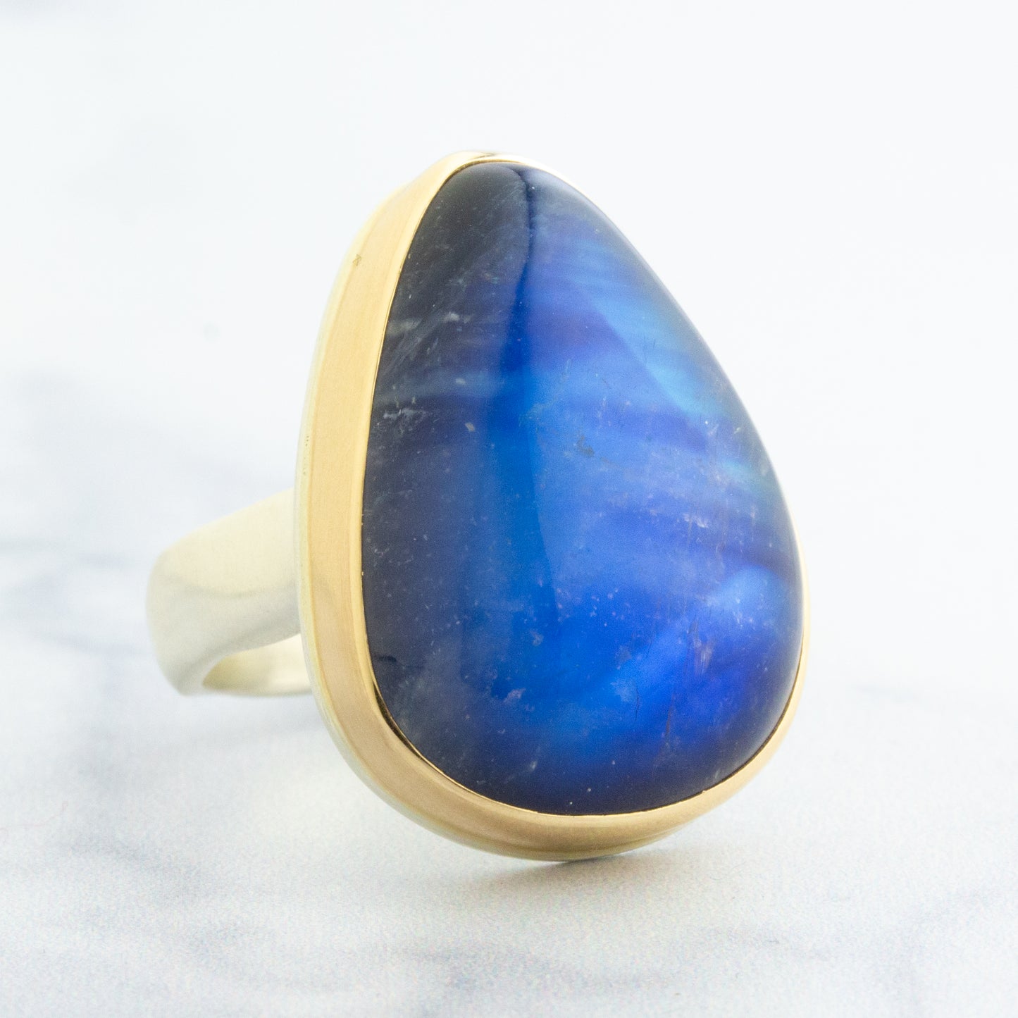 Sterling & 14K Gold Teardrop Blue Rainbow Moonstone Ring