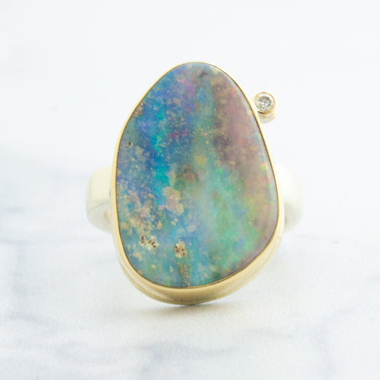 Sterling & 14K Gold Boulder Opal & Diamond Ring