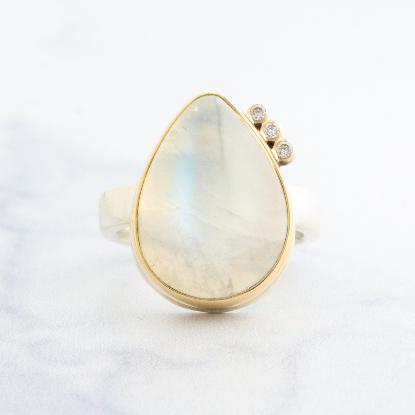 Sterling & 14K Gold White Rainbow Moonstone Ring