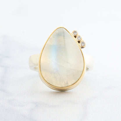 Sterling & 14K Gold White Rainbow Moonstone Ring