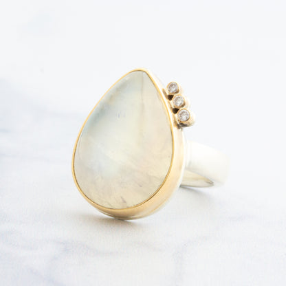 Sterling & 14K Gold White Rainbow Moonstone Ring