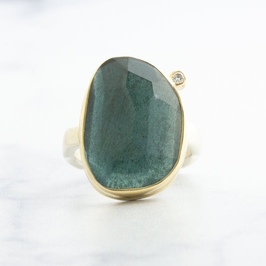 Sterling & 14K Gold Moss Aquamarine & Diamond Ring