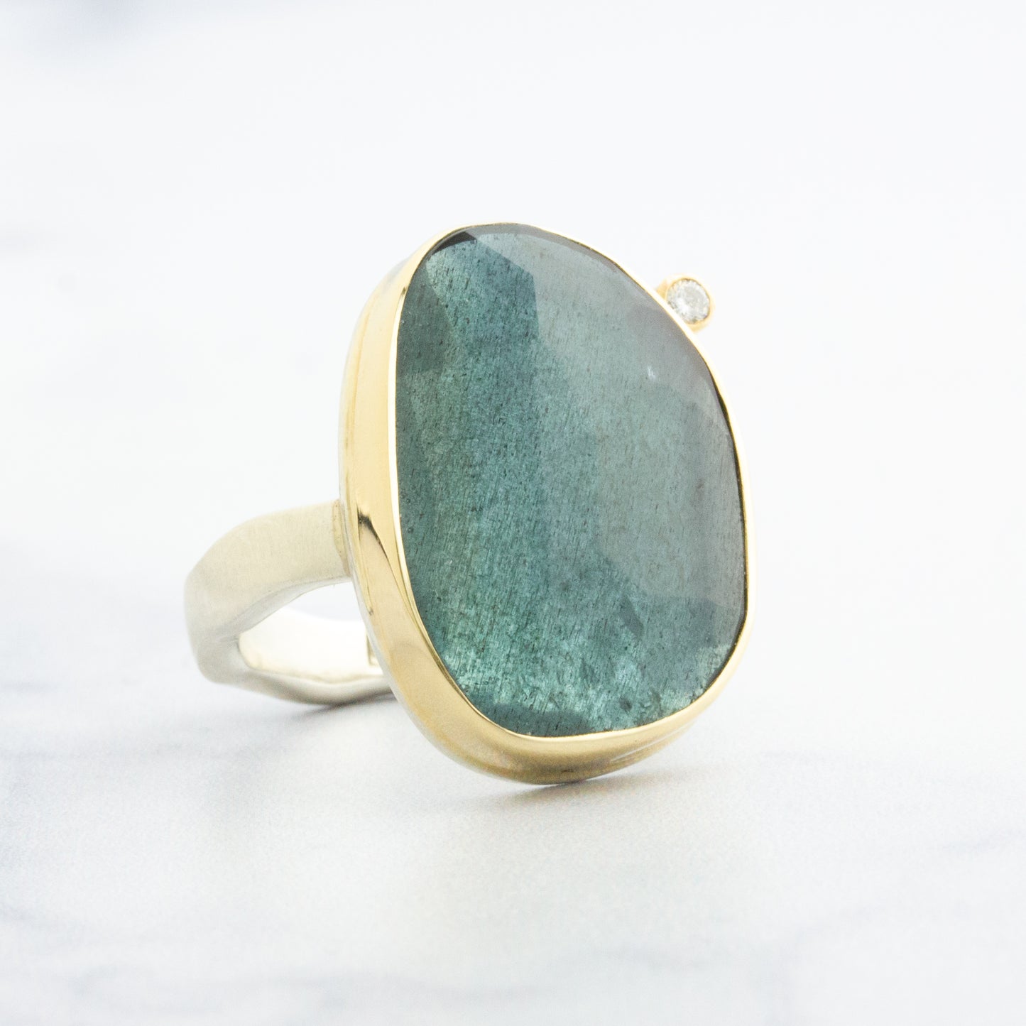 Sterling & 14K Gold Moss Aquamarine & Diamond Ring