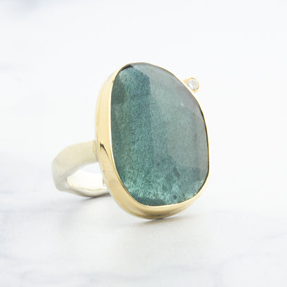 Sterling & 14K Gold Moss Aquamarine & Diamond Ring