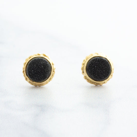 14K Gold Brazilian Black Drusy Post Earrings