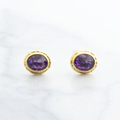 14K Gold Oval Amethyst Post Earrings