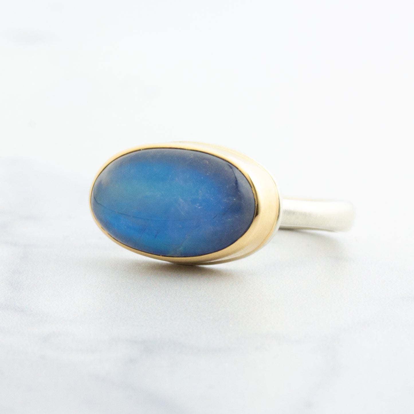 Sterling & 14K Gold Blue Rainbow Moonstone Ring