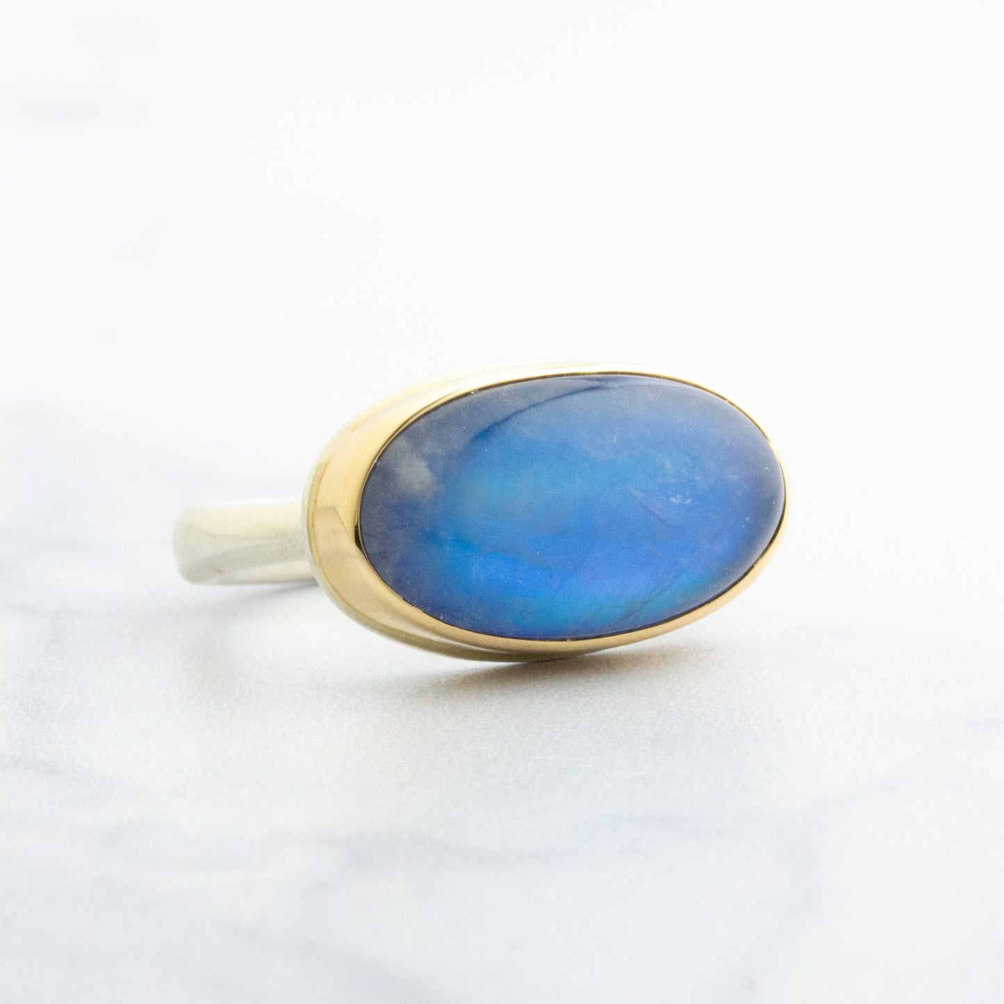 Sterling & 14K Gold Blue Rainbow Moonstone Ring