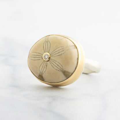 Sterling & 14K Gold Fossilized Sand Dollar & Diamond Ring