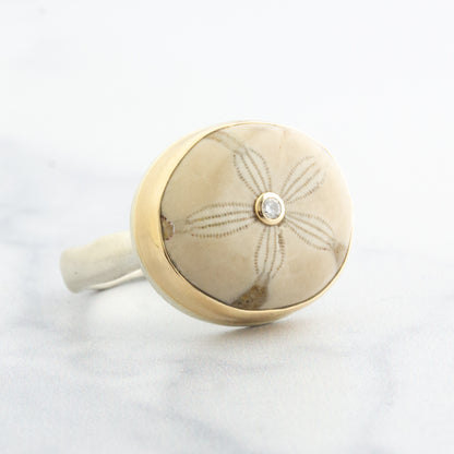 Sterling & 14K Gold Fossilized Sand Dollar & Diamond Ring