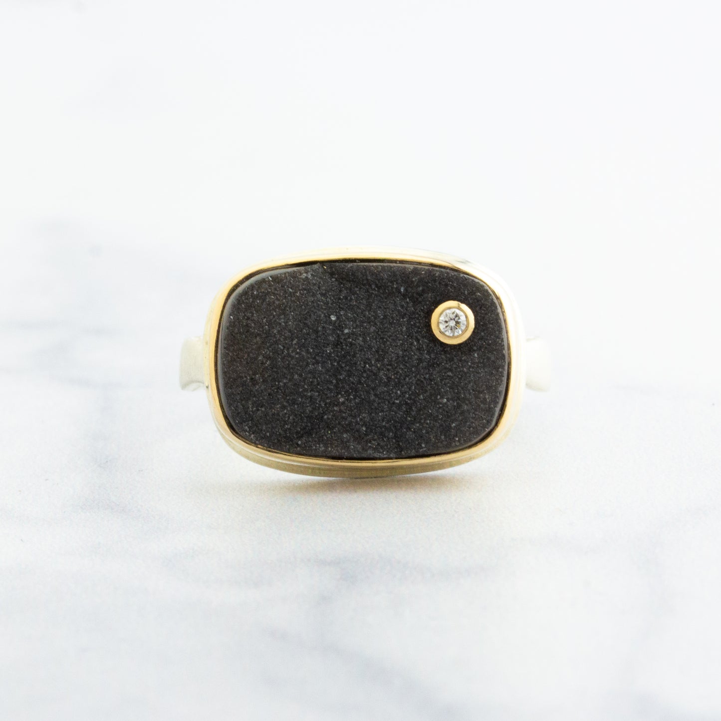 Sterling & 14K Gold Black Drusy & Diamond Ring