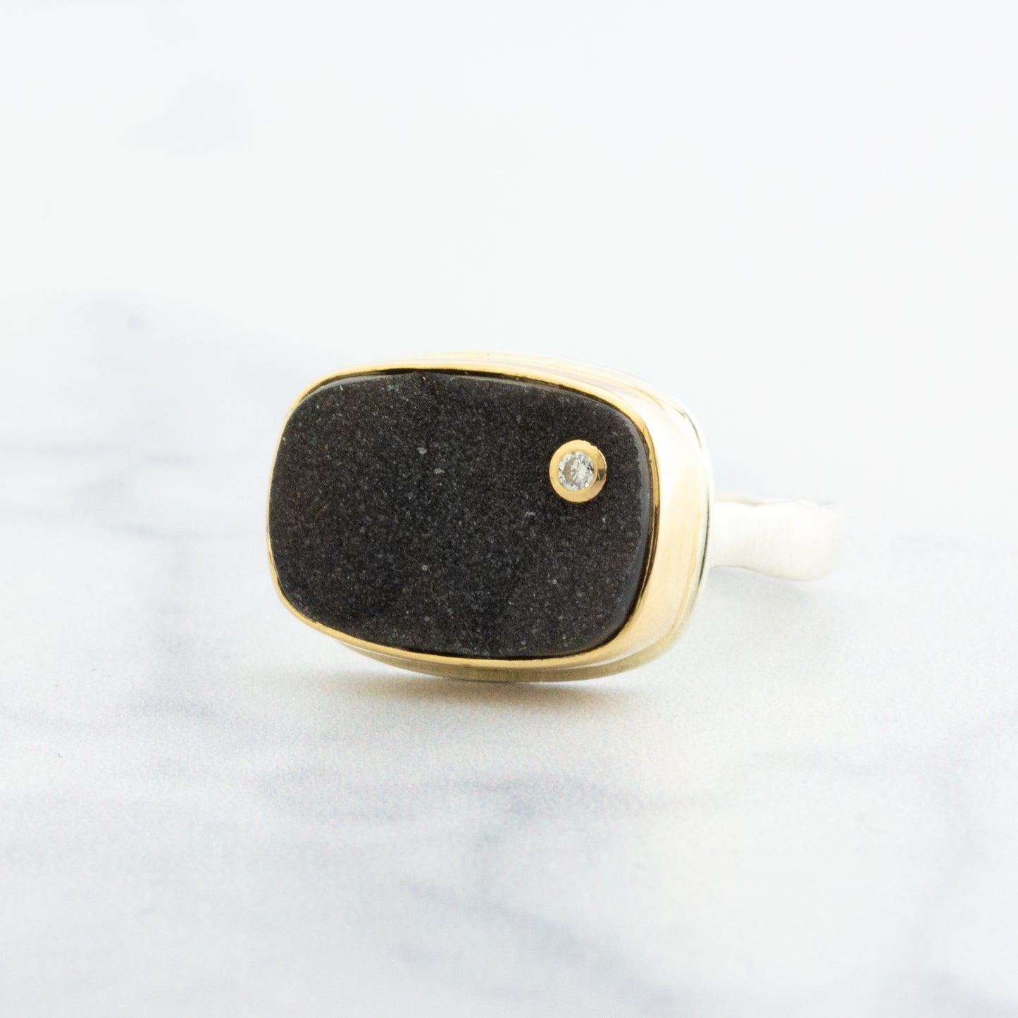 Sterling & 14K Gold Black Drusy & Diamond Ring