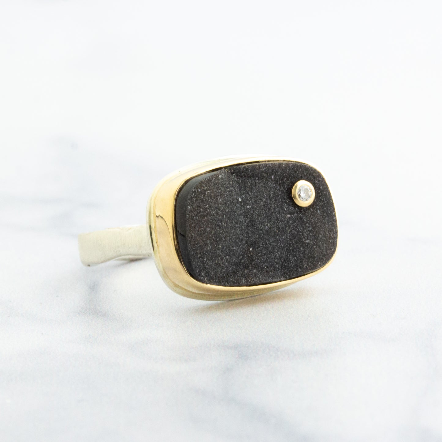 Sterling & 14K Gold Black Drusy & Diamond Ring