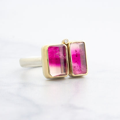 Sterling & 14K Gold Double Pink Tourmaline & Diamond Ring