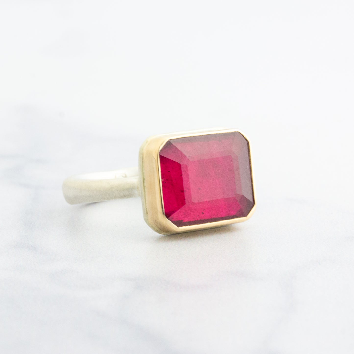 Sterling & 14K Gold Rectangular African Ruby Ring