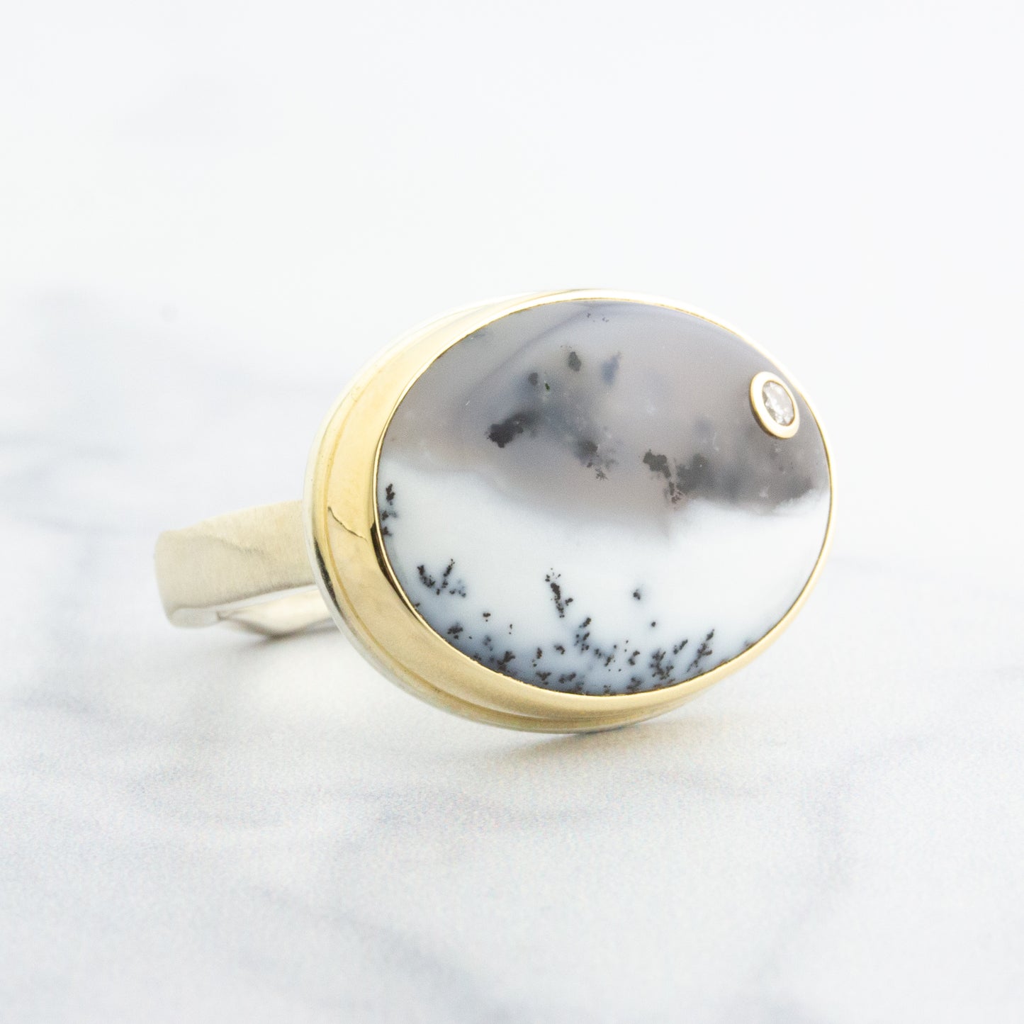 Sterling & 14K Gold Oval Dendritic Opal & Diamond Ring