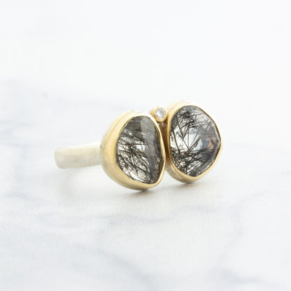 Sterling & 14K Gold Double Tourmalinated Quartz & Diamond Ring