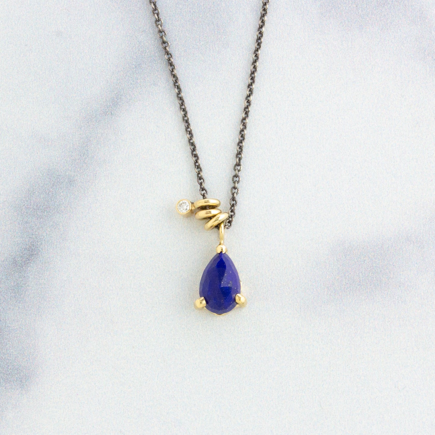 Oxidized Sterling & 14K Gold Tiny Lapis & Diamond Set