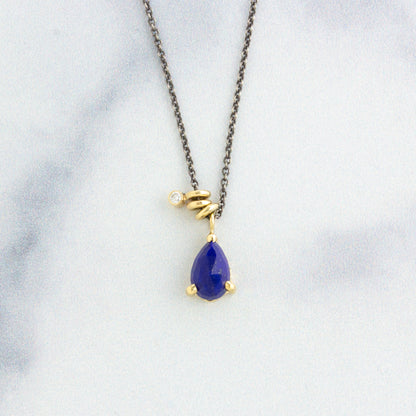 Oxidized Sterling & 14K Gold Tiny Lapis & Diamond Set