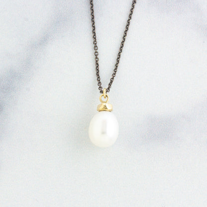 Oxidized Sterling & 14K Gold Pearl Drop Necklace