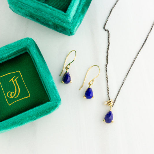 Oxidized Sterling & 14K Gold Tiny Lapis & Diamond Set