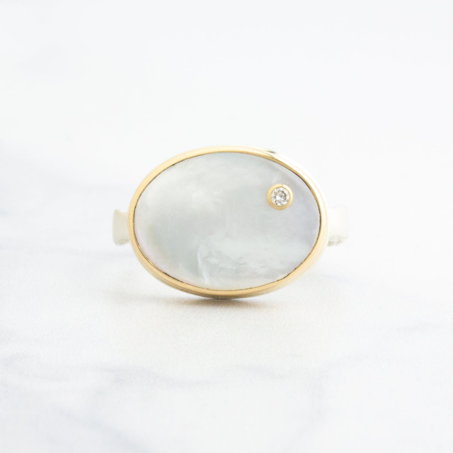 Sterling & 14K Gold Small Mother of Pearl & Diamond Ring