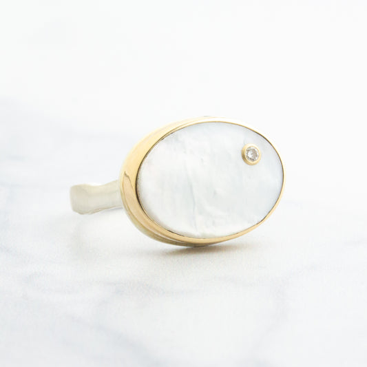 Sterling & 14K Gold Small Mother of Pearl & Diamond Ring