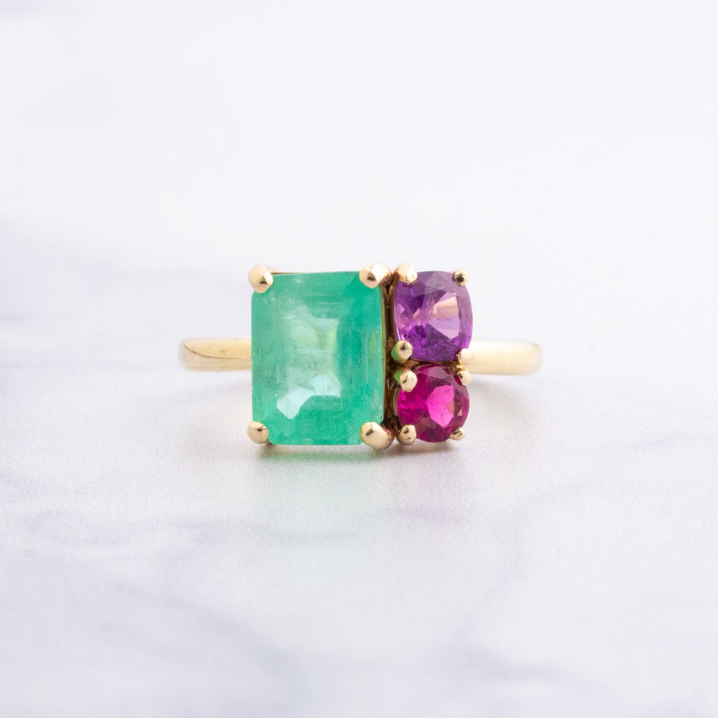 14K Gold Prong Emerald, Sapphire & Tourmaline Ring