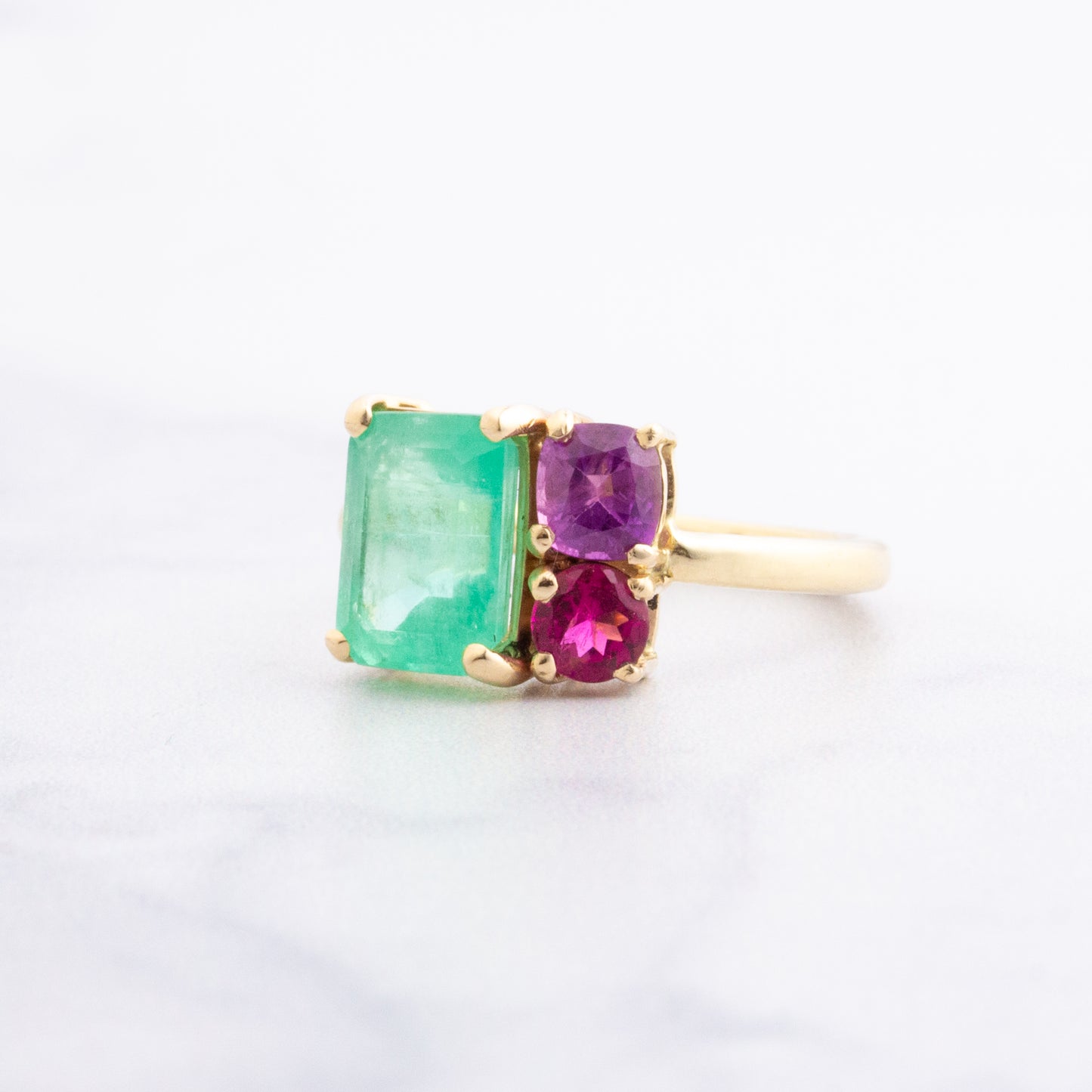 14K Gold Prong Emerald, Sapphire & Tourmaline Ring