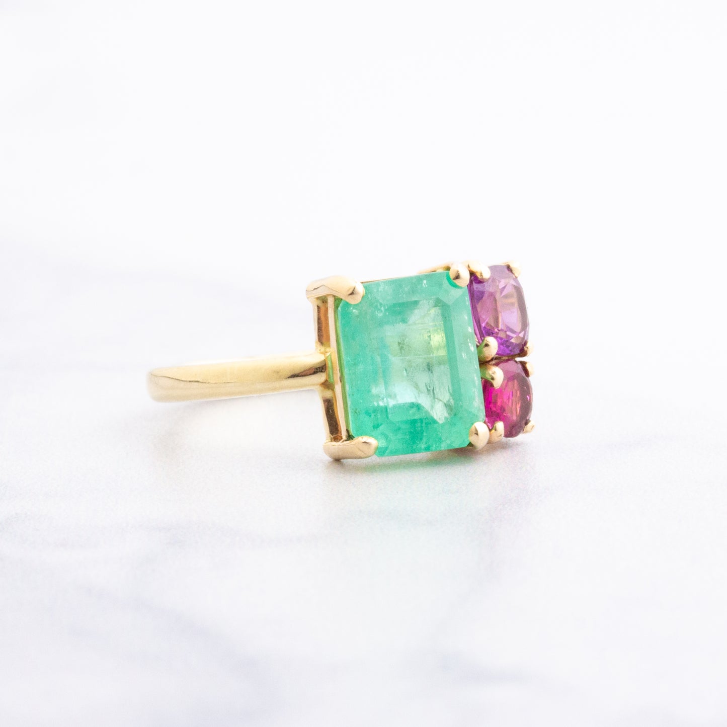 14K Gold Prong Emerald, Sapphire & Tourmaline Ring