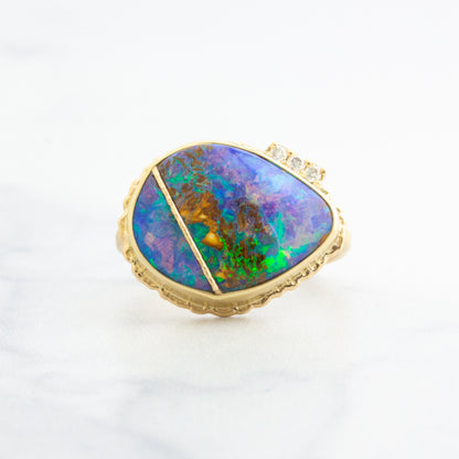 14K Golden Fusion Boulder Opal & Diamond Ring