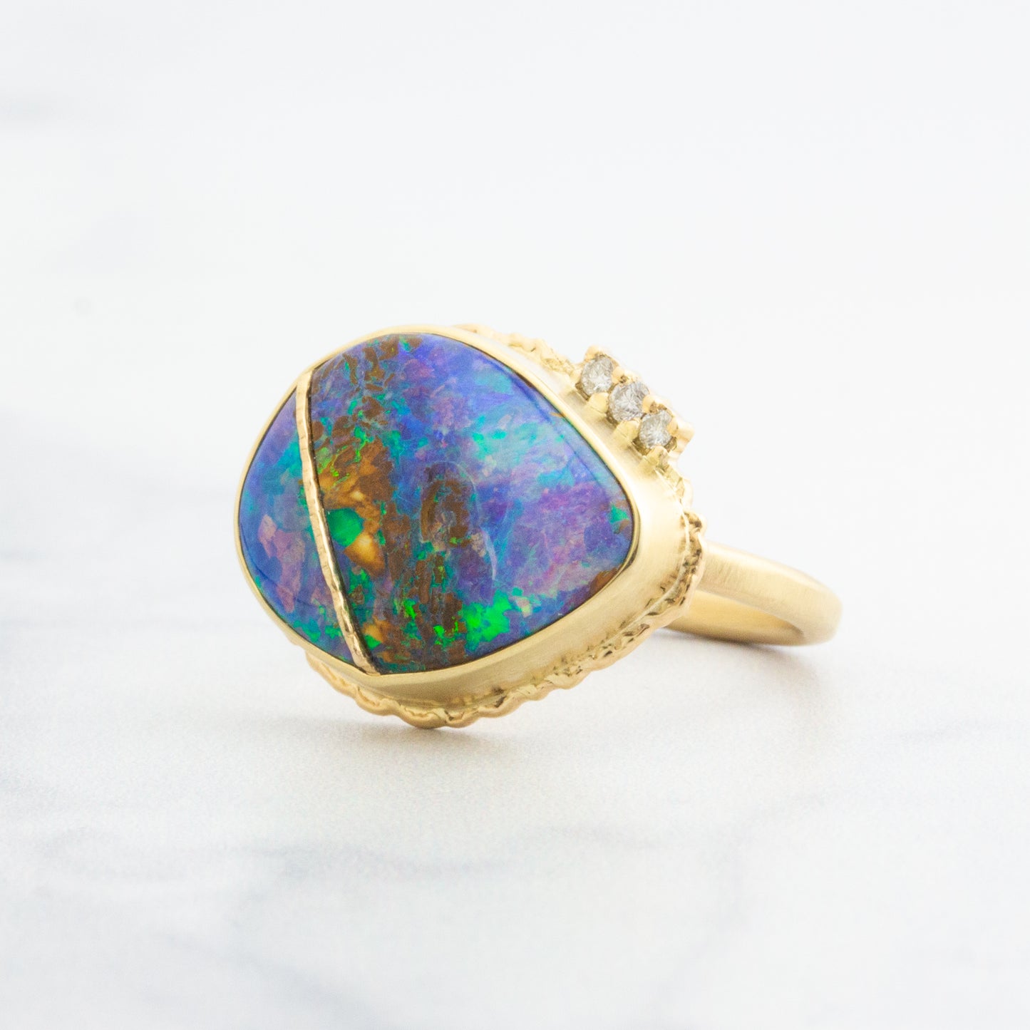 14K Golden Fusion Boulder Opal & Diamond Ring