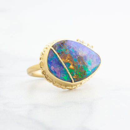 14K Golden Fusion Boulder Opal & Diamond Ring