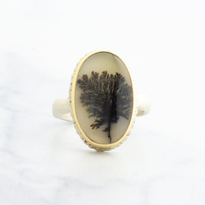 Sterling Lava Edge & 14K Gold Oval Dendritic Agate Ring