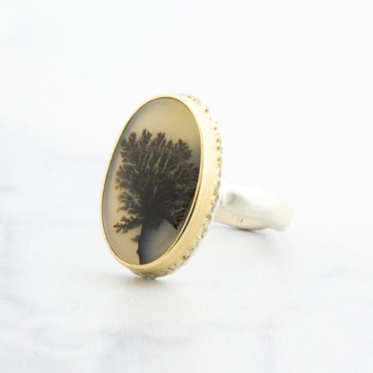 Sterling Lava Edge & 14K Gold Oval Dendritic Agate Ring