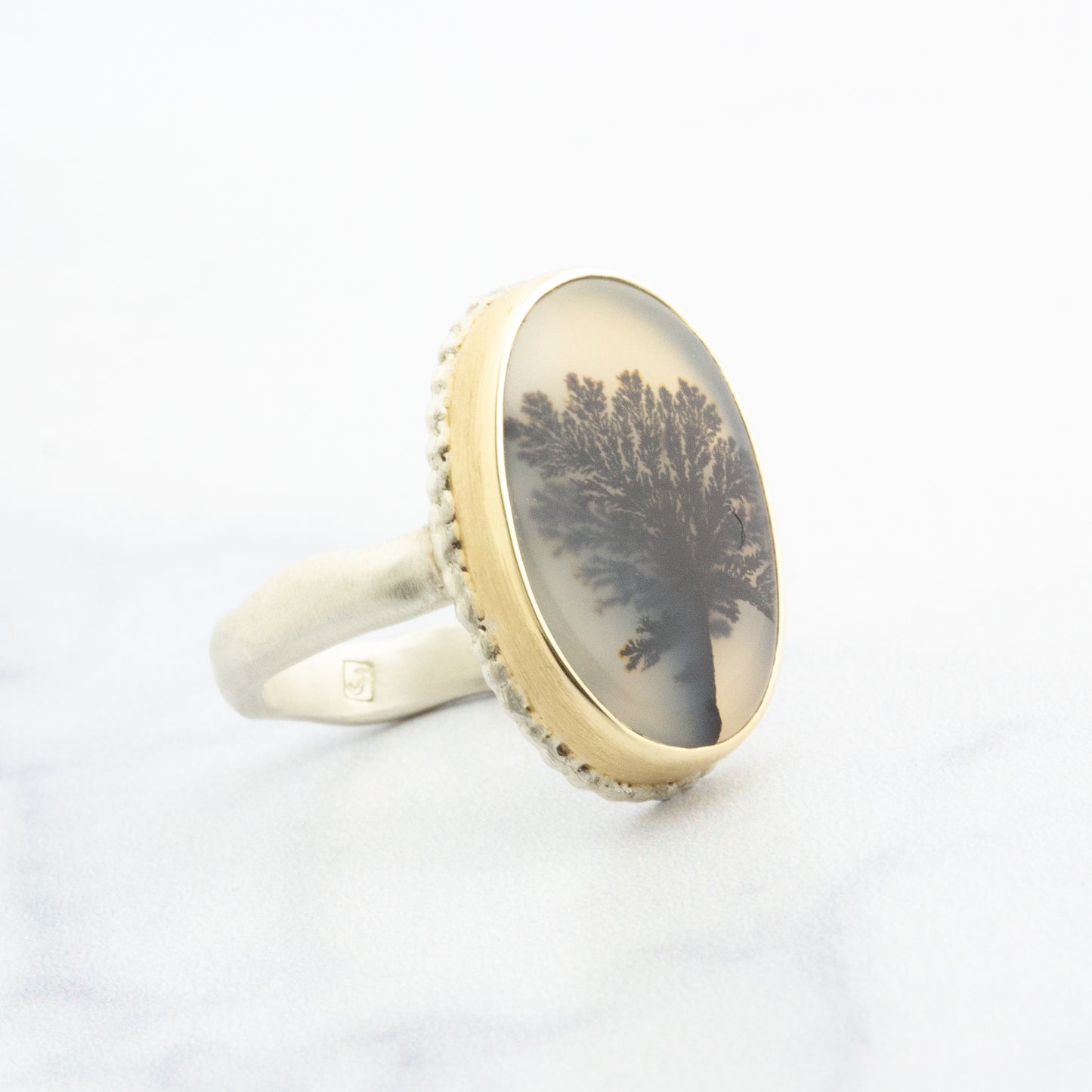 Sterling Lava Edge & 14K Gold Oval Dendritic Agate Ring