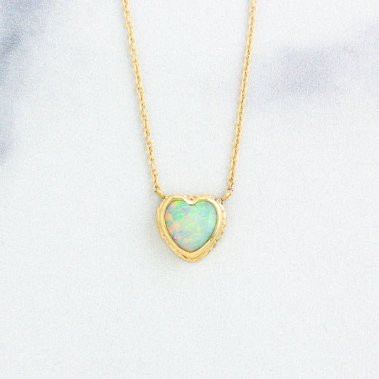 14K Gold Ruffled Edge Australian Opal Heart Necklace