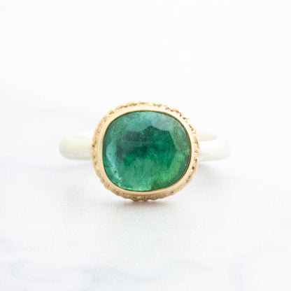 Sterling & 14K Gold Ruffled Edge 2.68 ct Emerald Ring