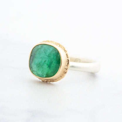 Sterling & 14K Gold Ruffled Edge 2.68 ct Emerald Ring