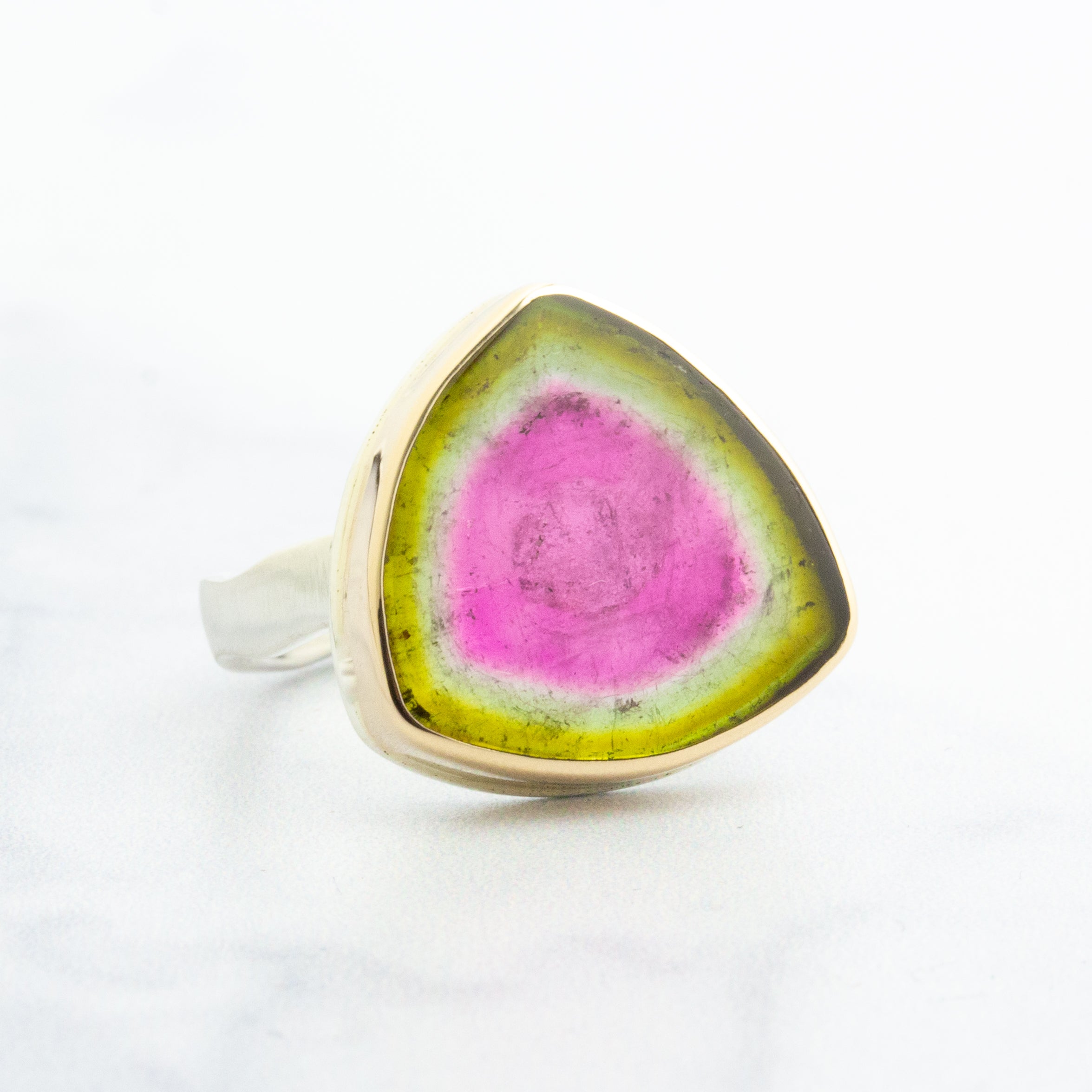 Watermelon Tourmaline slice, 14k goldfilled prong offers setting earwire