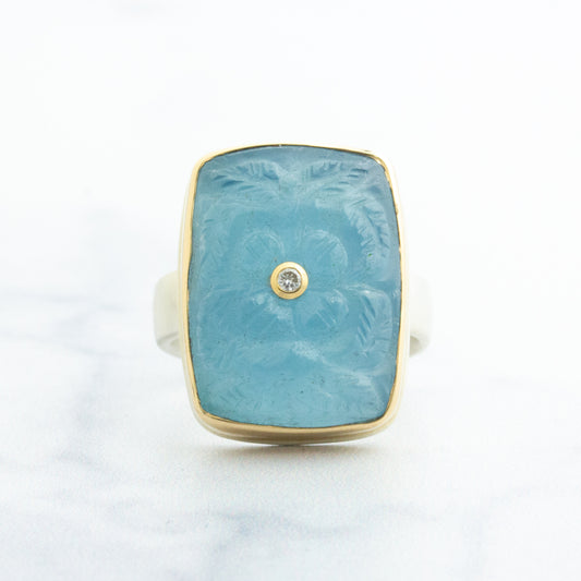 Sterling & 14K Gold Carved Aquamarine & Diamond Ring