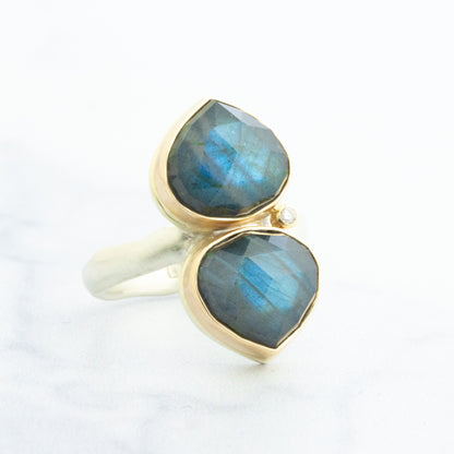 Sterling & 14K Gold Double Labradorite & Diamond Ring