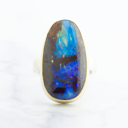 Sterling & 14K Gold Large Opalized Wood Ring